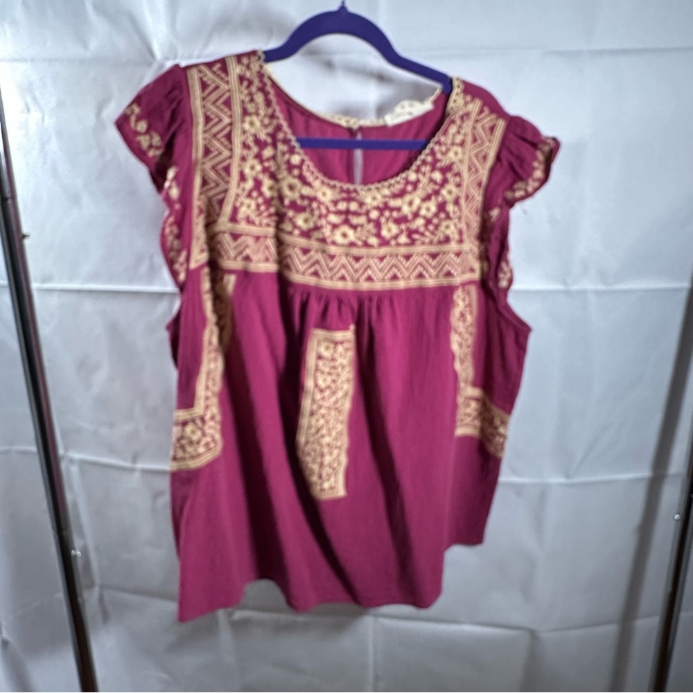 Savanna Jane Magenta Boho Embroidered Short Sleeve Blouse